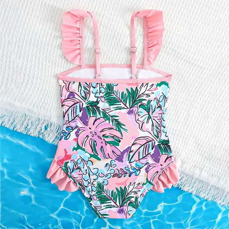 3-7 Years Kids Girls Sleeveless Swimsuit Summer Beach Bathing Suit Cute Flower Print Strap Children Swimwear Z250214