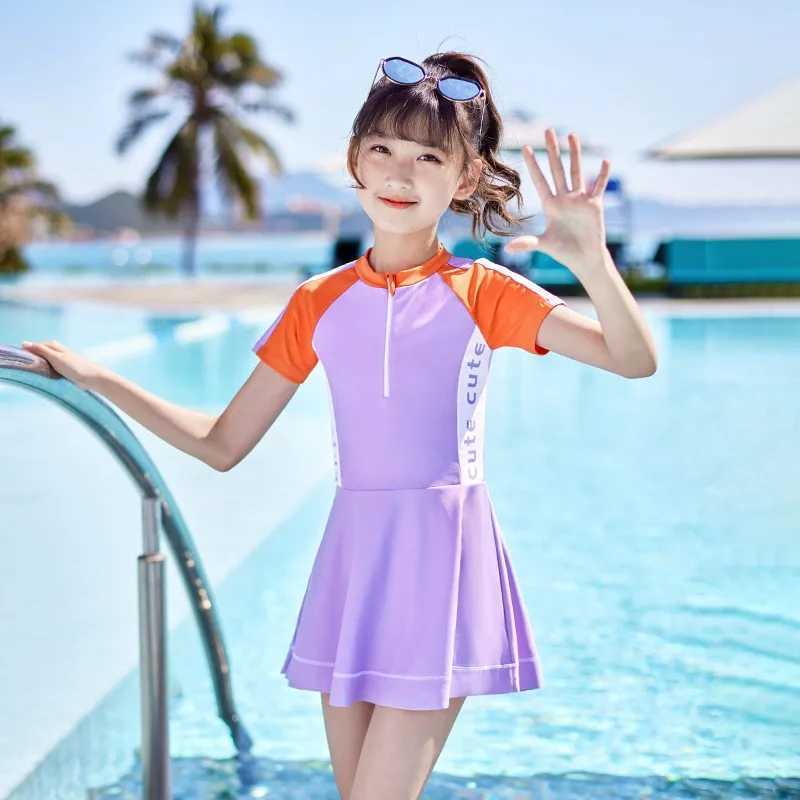 Girl One Piece Short/Long Sleeve Outdoor Water Sports Surfing Swim Skirts Kids Front Zipper Beach Bathing Rash Guard SwimSuit Z250214