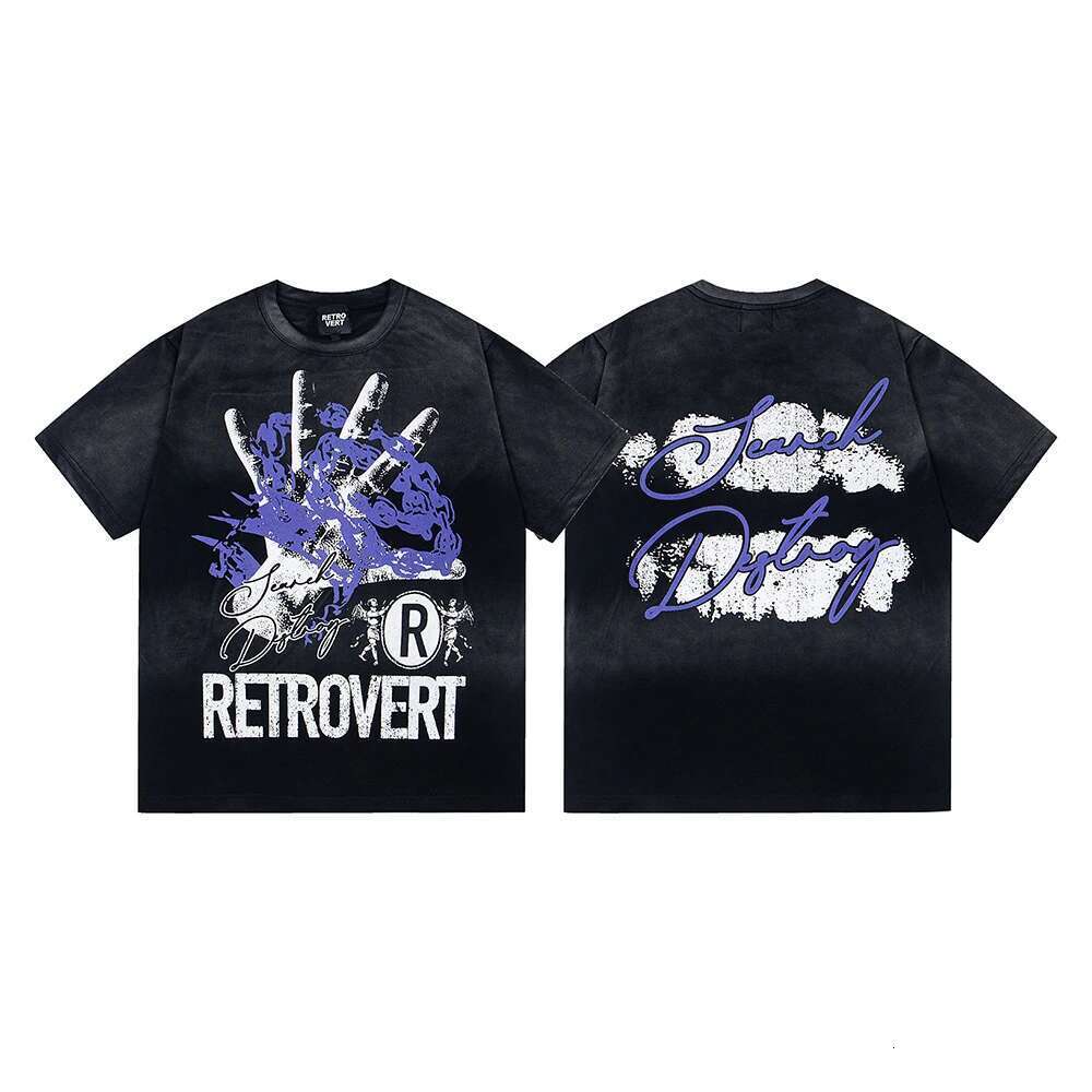 New Summer Hands Letter Print Short Sleeve Tshirts Mens Streetwear Vintage Washed Baggy Cotton Tees Oversized Unisex Loose Tops