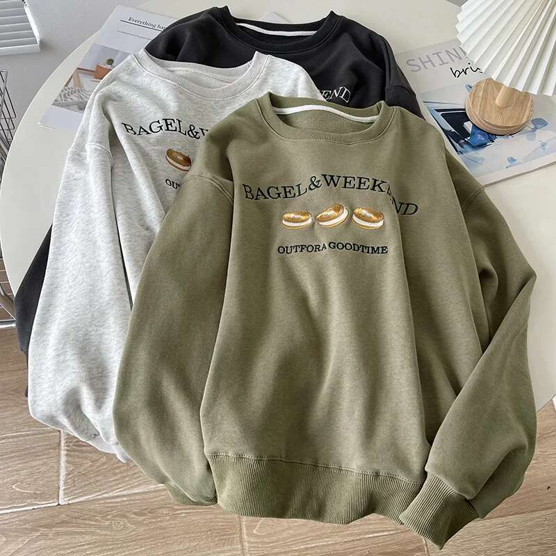 Pattern Embroidered Round Neck Sweatshirt Women, Autumn Cotton Loose Letter Long Sleeved Top
