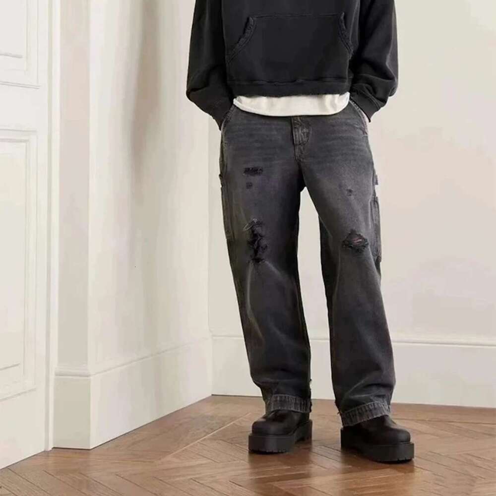 Vintage Distressed Hole Washed Black Baggy Jeans For Men And Women Straight Casual Cargo Pants Oversized Ripped Denim Trousers