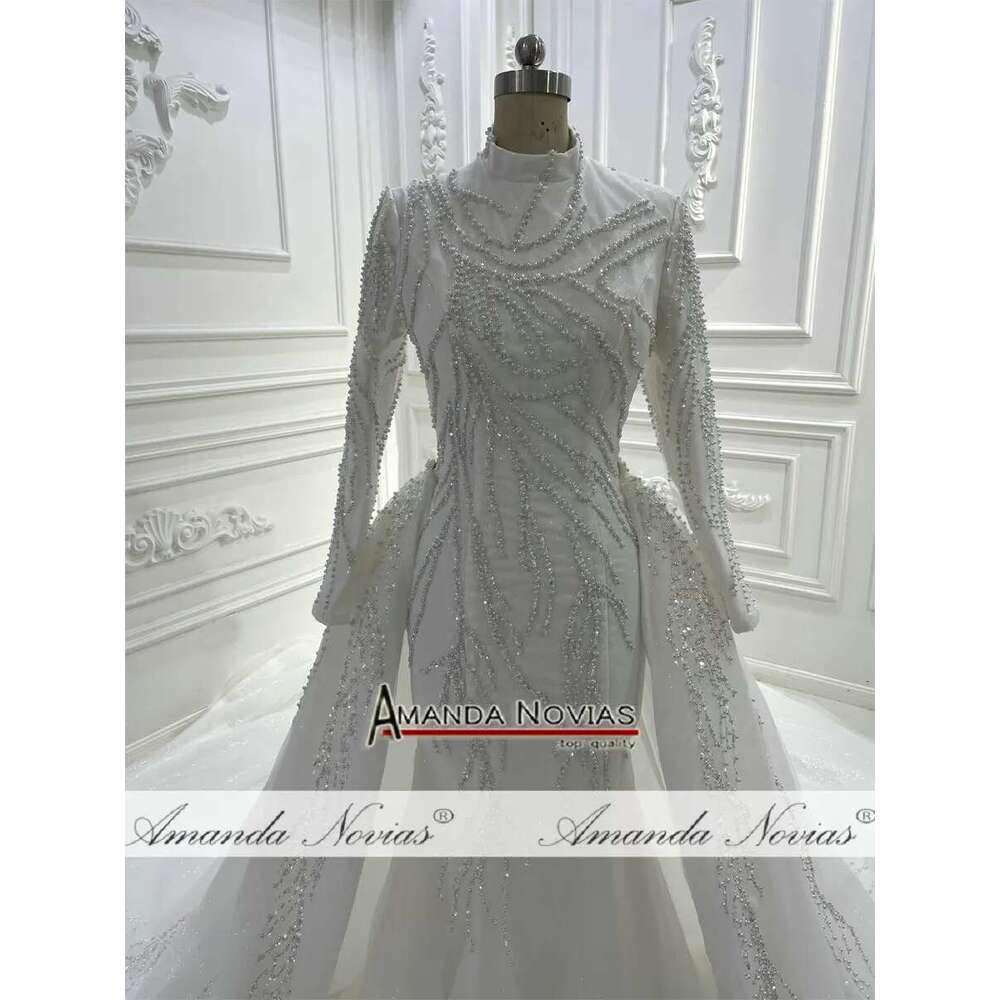 Full Beading Lace Bridal Dress High Neck Mermaid Muslim 2 in 1