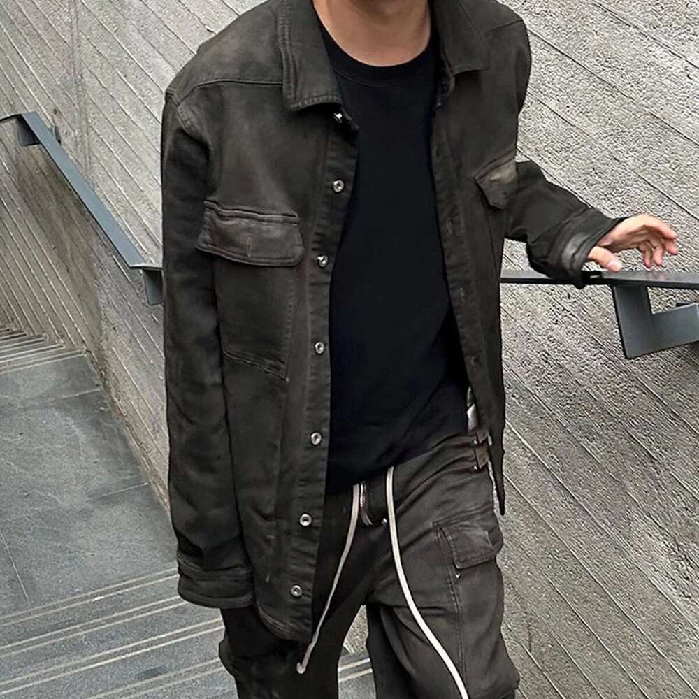 High Street Ribbons Dirty Washed Black Baggy Jeans Jacket For Men And Women Casual Denim Coat Oversized Clothes