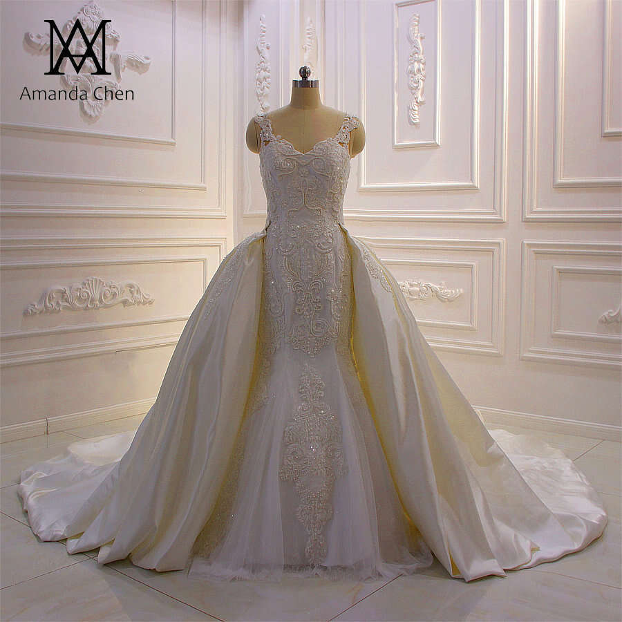 robe de mariee 2025 Cap Sleeve Lace Applique Pearls Wedding Dress with Detachable Train