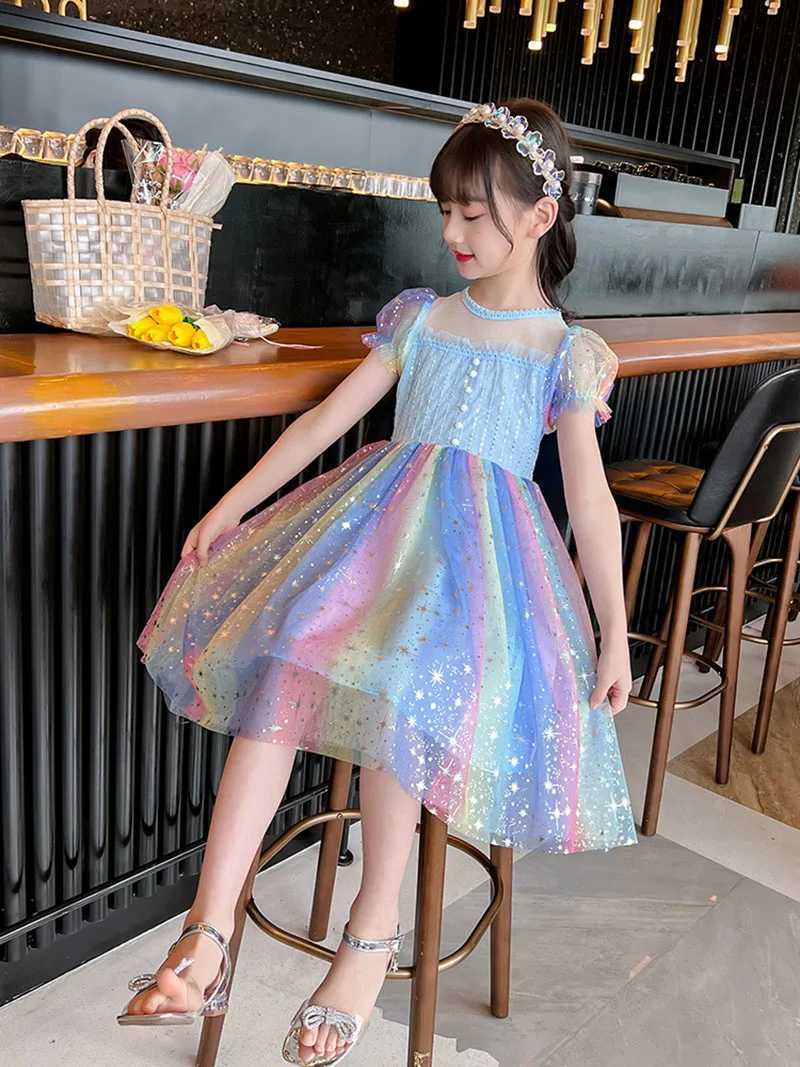 Summer Kids Clothes Girls Short Sleeve Dress 2-8Y Cute Girls Rainbow Starry Sky Mesh Princess Dress Kids Outfit Z250214