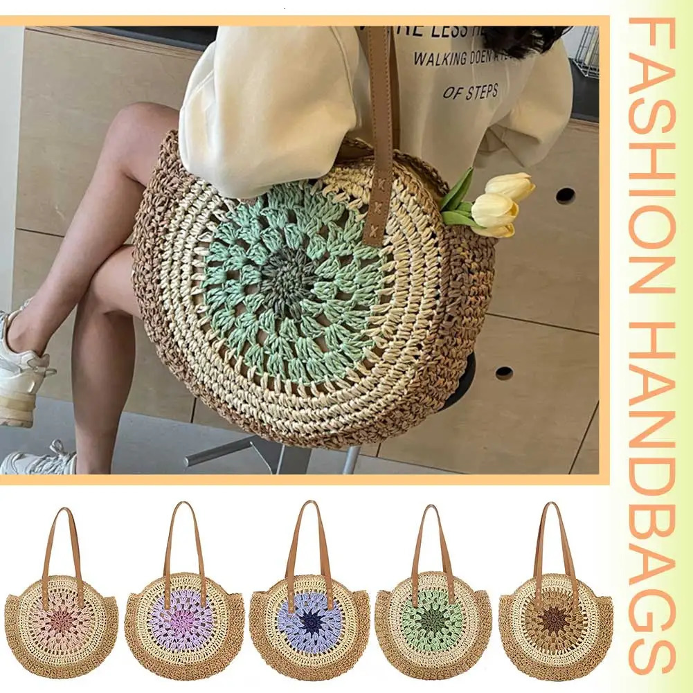 Round Casual Tote Bag with Zipper Closure Vacation Bag Trendy Large Woven Beach Bag Holiday Travel Handbag for Women and Girls 250207