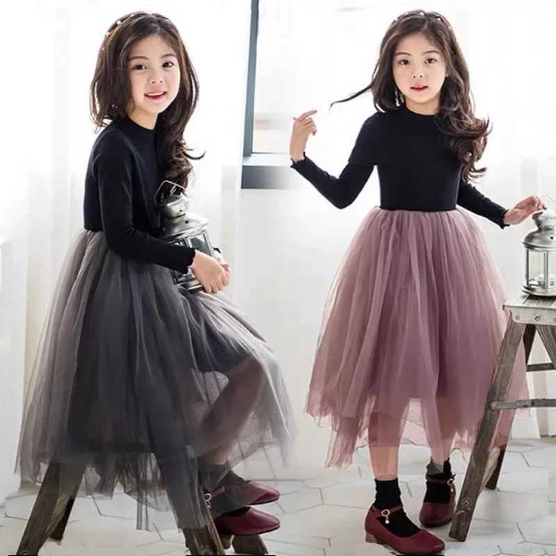 Autumn and Winter Long Sleeved Girls Dress Childrens Fluffy Gauze Skirt Mid To Large Kids Clothing Performance Princess Dress Z250214