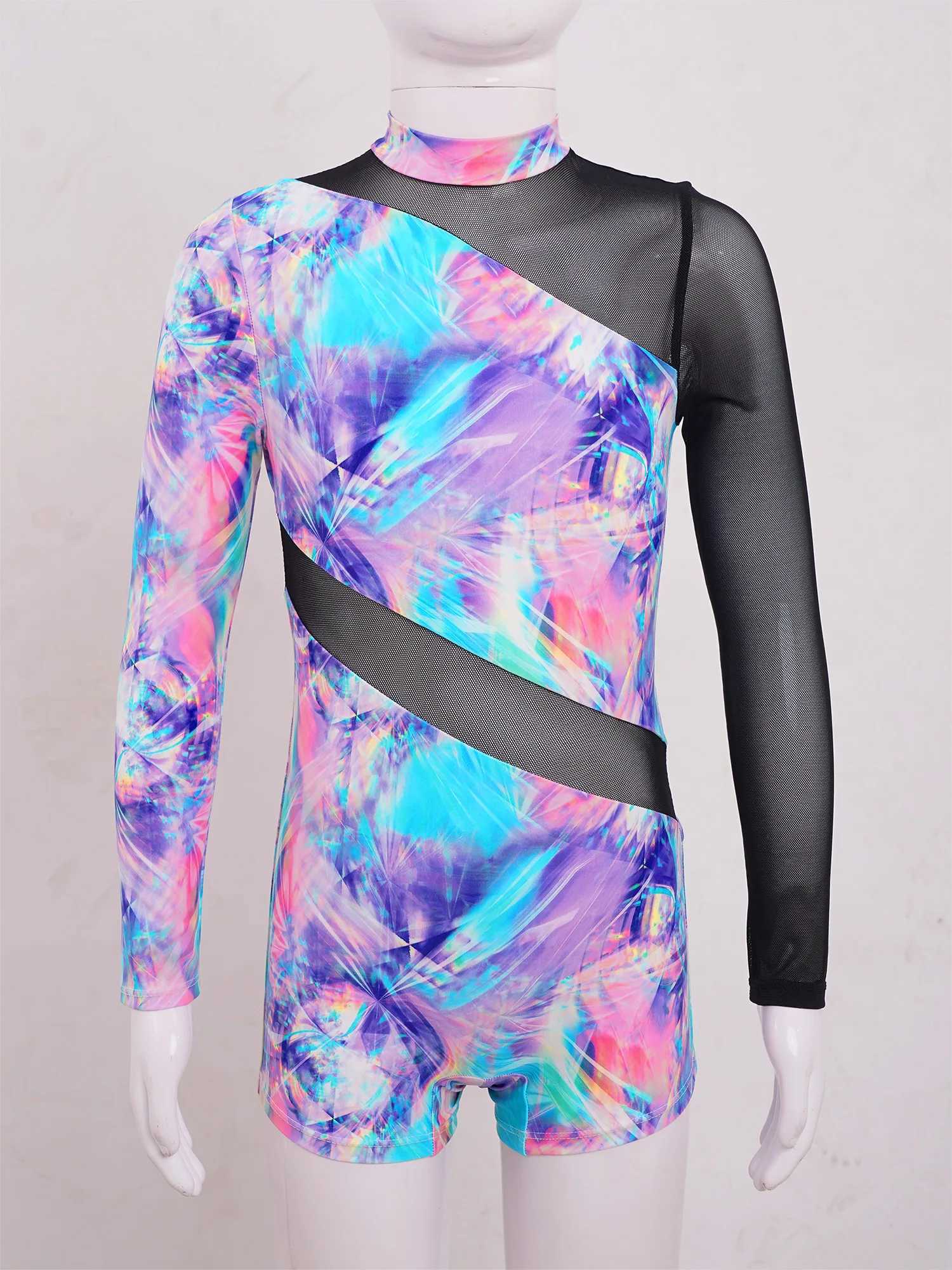 Kids Girls Long Sleeve One-piece Swimsuit Mock Neck Zipper Sheer Mesh Patchwork Dance Gymnastics Bodysuit Swimwear Beachwear Z250214