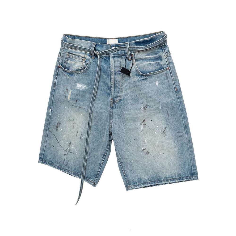 Streetwear New Summer Ink Splashed Hand-Painted Denim Shorts Mens Straight Blue Washed Baggy Knee Length Jeans Pants