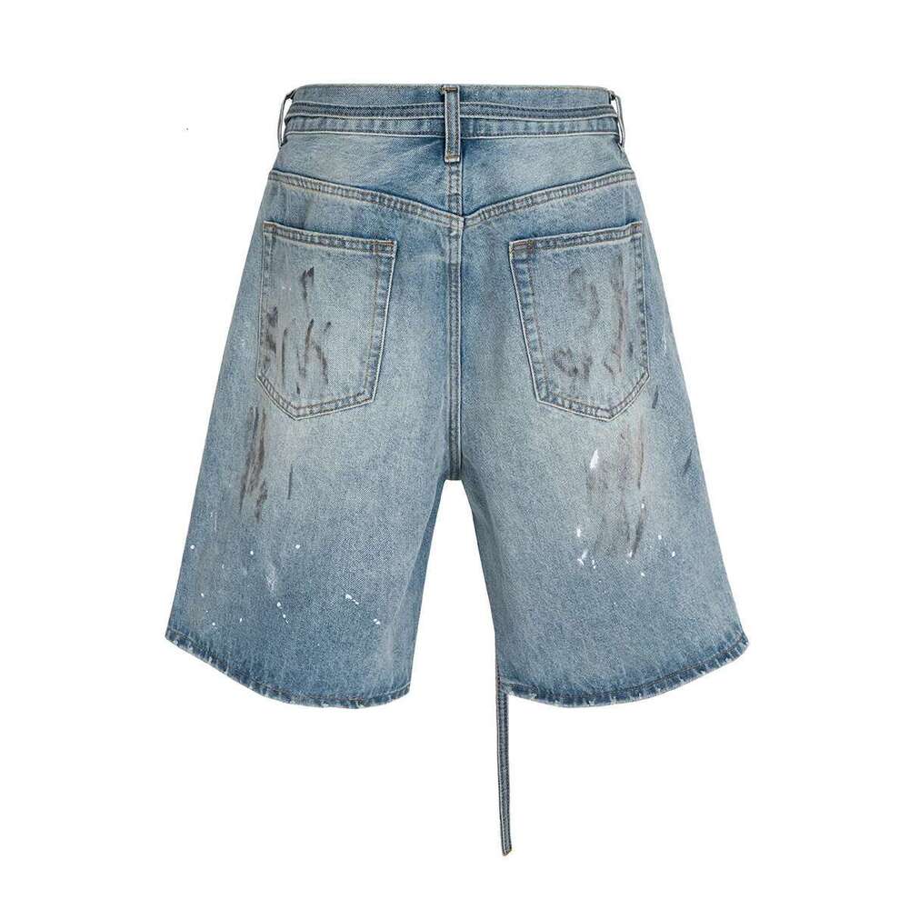 Streetwear New Summer Ink Splashed Hand-Painted Denim Shorts Mens Straight Blue Washed Baggy Knee Length Jeans Pants