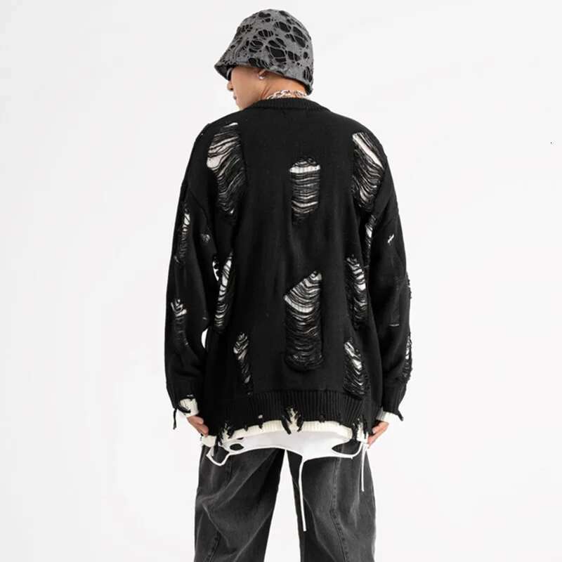 Frayed Hole Double Wear Oversized Pullover Sweater Men's Autumn And Winter Crew Neck Ripped Casual Couple Knitted Sweaters