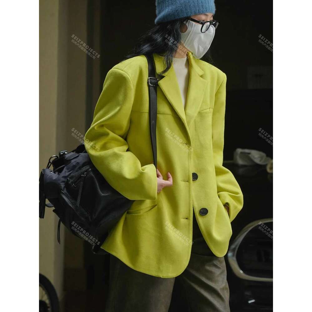 Women's Faux Suede Jacket Fall Winter Curved Pocket Brown Green Coat Loose Straight Blazer For Women