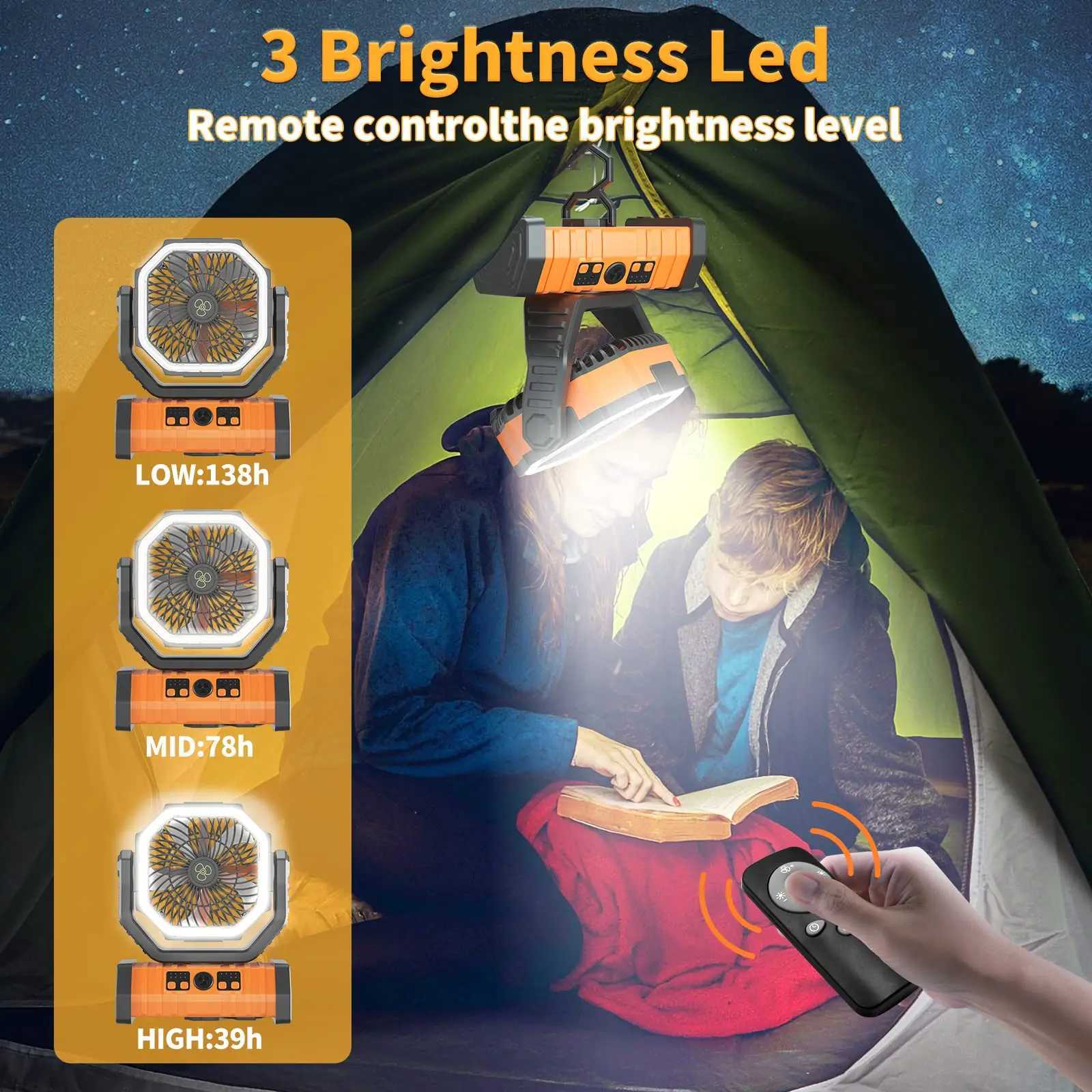 20000mAh High-Capacity Battery LED Light Camping Fan Movable Wireless Air Circulators Outdoor Ventilador with Hook Z250214