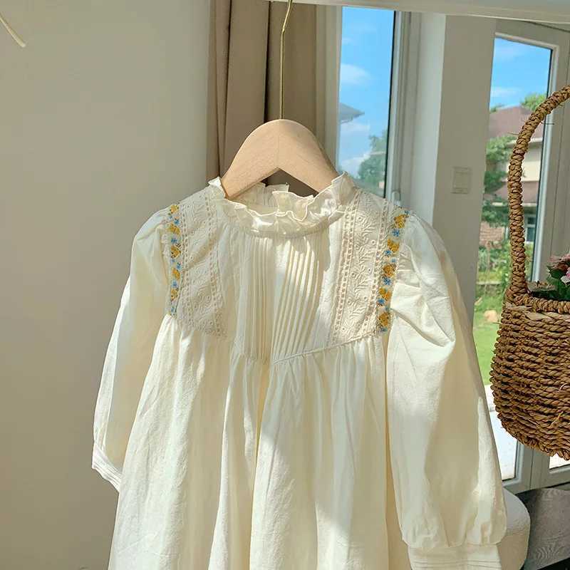UNITIM Kids Girls Dress Ruched Stand Up Collar Embroidered Baby Girls Dress Sweet Korean Lace Childrens Girls Princess Dress Z250214