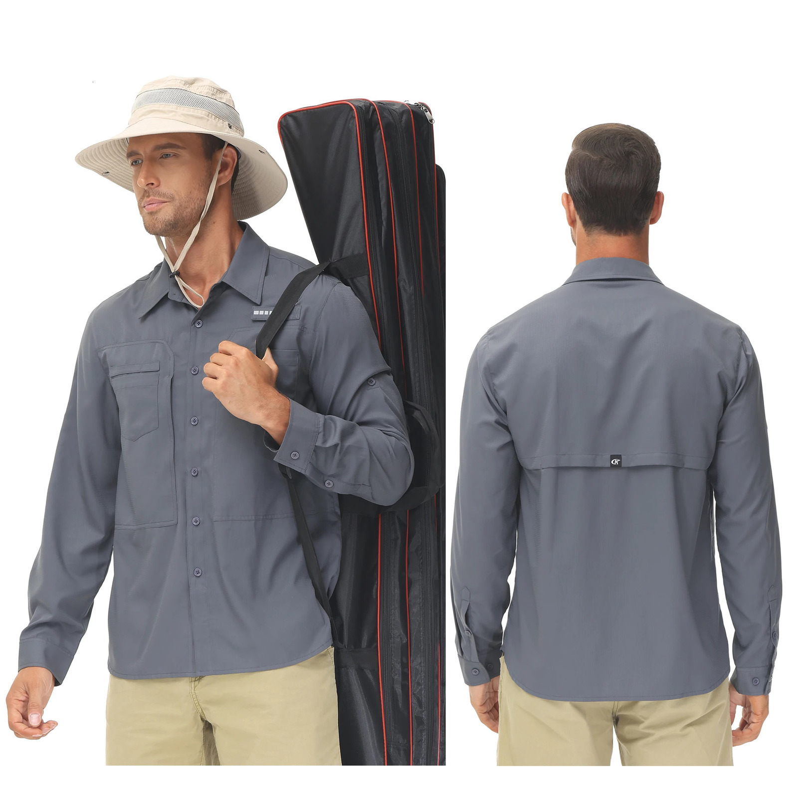 Mens breathable fishing shirt foldable sleeves UPF 50casual hiking cargo shirt buttons shirt zipper pocket 250211