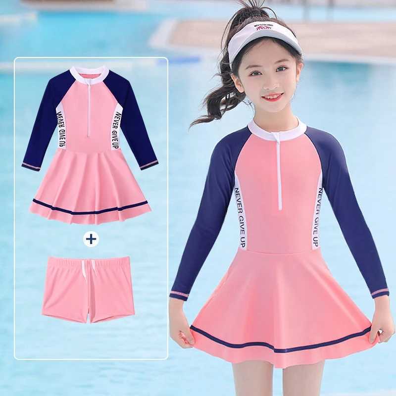 Girls UPF50+UV Protection Short Sleeve WaterProof Bathing SwimWear Kids One Piece Athletic Long Sleeve Surfing Beach Swim Skirts Z250214