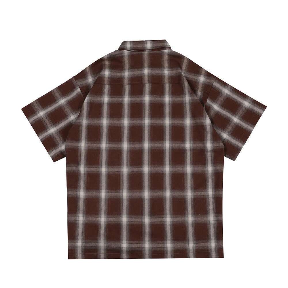 Haruku Summer Short Sleeve Plaid Shirt For Men Lapel Patchwork Hip Hop Overalls Streetwear Vintage Loose Oversized Tops