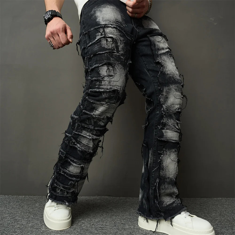 Streetwear HipHop Men Ripped Spliced Patch Straight Jeans Stylish Male Distressed Loose Biker Denim Pants 250210