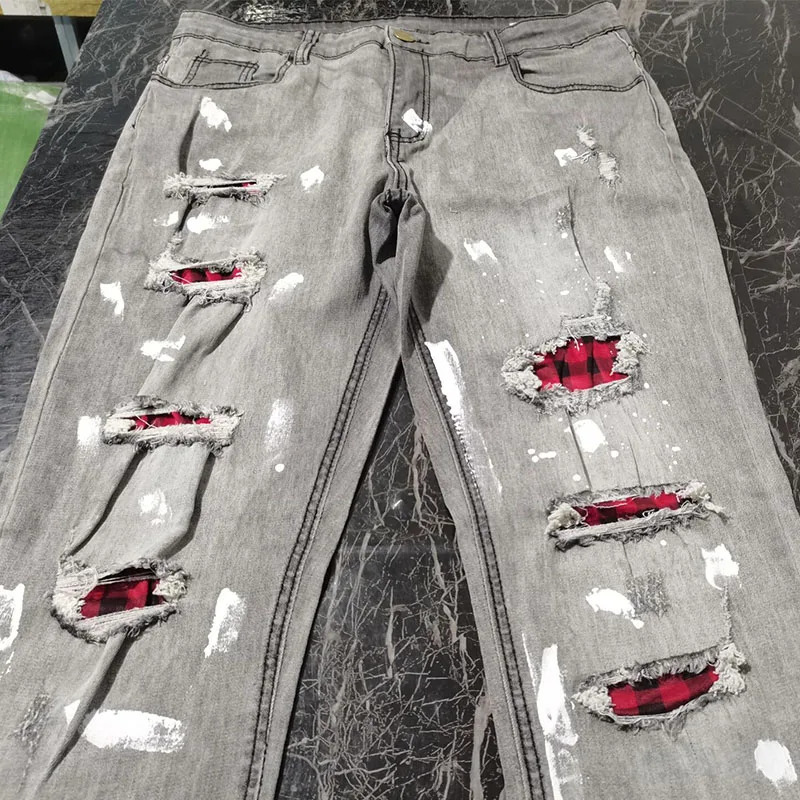 Mens Skinny Ripped Jeans Fashion Grid Hole Endothecium Patches Slim Fit Stretch Casual Denim Pencil Pants Jogging Trousers 250210