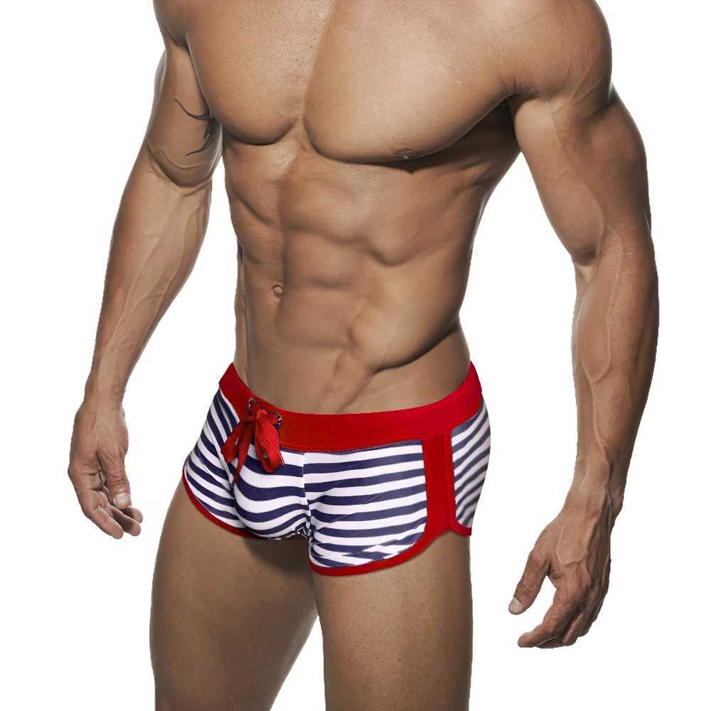 Summer Mens Striped Swimming Trunks Sexy Side Split Bathing Suit Sport Beach Surfing Swimwear Male Quick Dry Pouch Boxer Shorts W250214