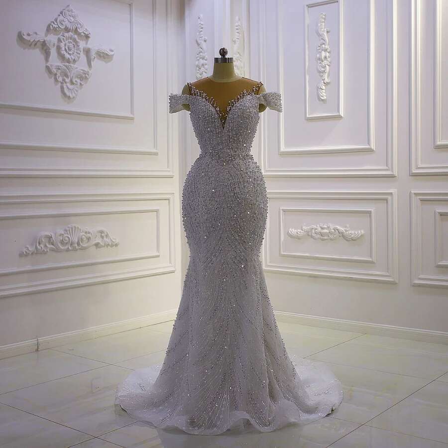 Custom Handmade Pearl Full Mermaid 2 in 1 Bridal Dress