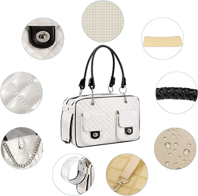 Luxurious Pet Carrier, Small Dog Carrier Two Snack Pockets, Waterpro of Shiny Leather Cats Carrying Handbag with Breathable Mesh for 8 LBS Dogs White 