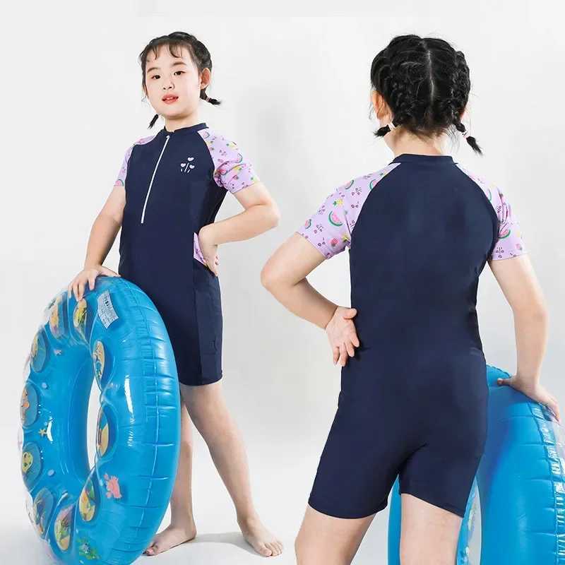 One-piece Swimsuit for Children and Teenage Girls Quick Drying Sun Protection Swimwear Short Sleeve Summer Swimming Suits Z250214
