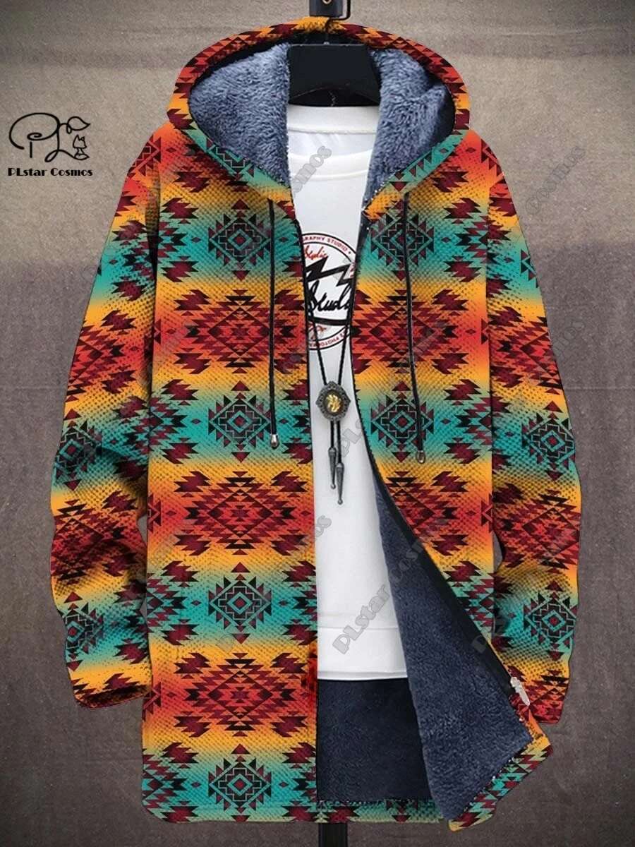 3D printed new winter hooded unisex retro geometric gradient art pattern plush thickened long-sleeved casual warm jacket DY-2