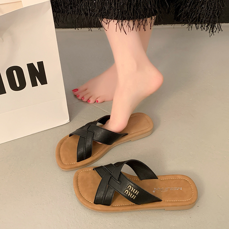 2025 free shipping designer slippers for womens flat slippers black beige khaki Cross strap square toe exposed flat bottom slippers