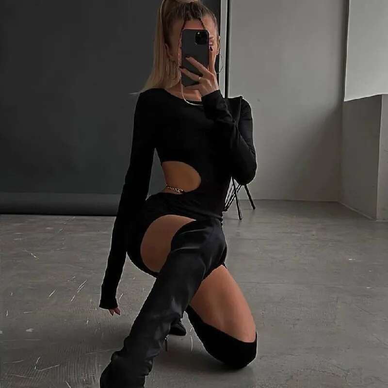 Wheremery Y2k Hollow Out Metal Chain Mini Dress Women O Neck Long Sleeve Solid Dresses Gothic Fashion Sexy Club Party Vestidos