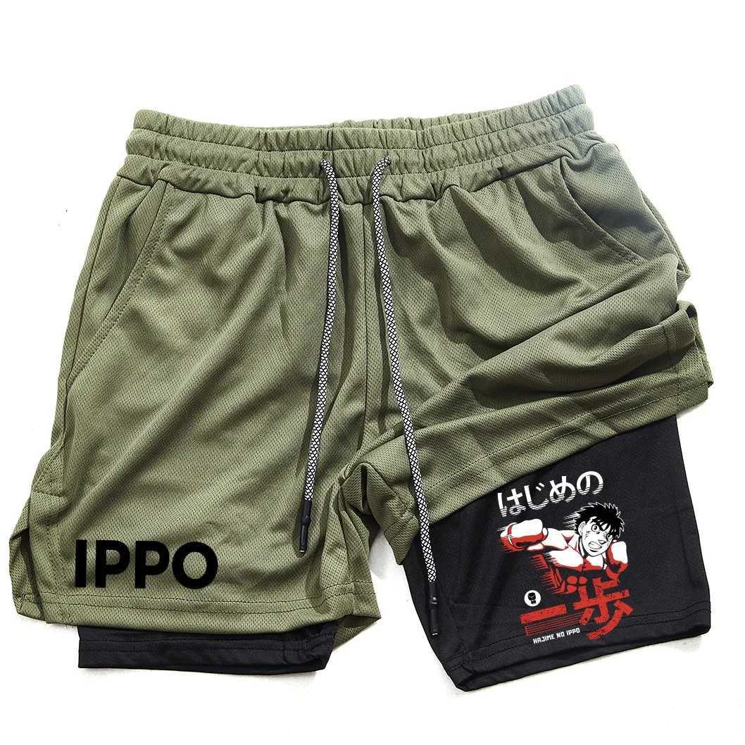 Anime IPPO Print 2 in 1 Compression Shorts for Men Athletic Performance Gym Shorts with Pockets Quick Dry Fitness Workout BoxingXJ250213