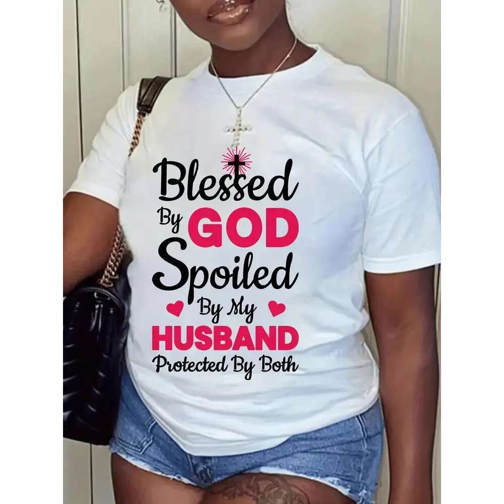 Size Casual T-Shirt, Women's Plus Letter Print Round Neck Short Sleeve Slogan Graphic Tee