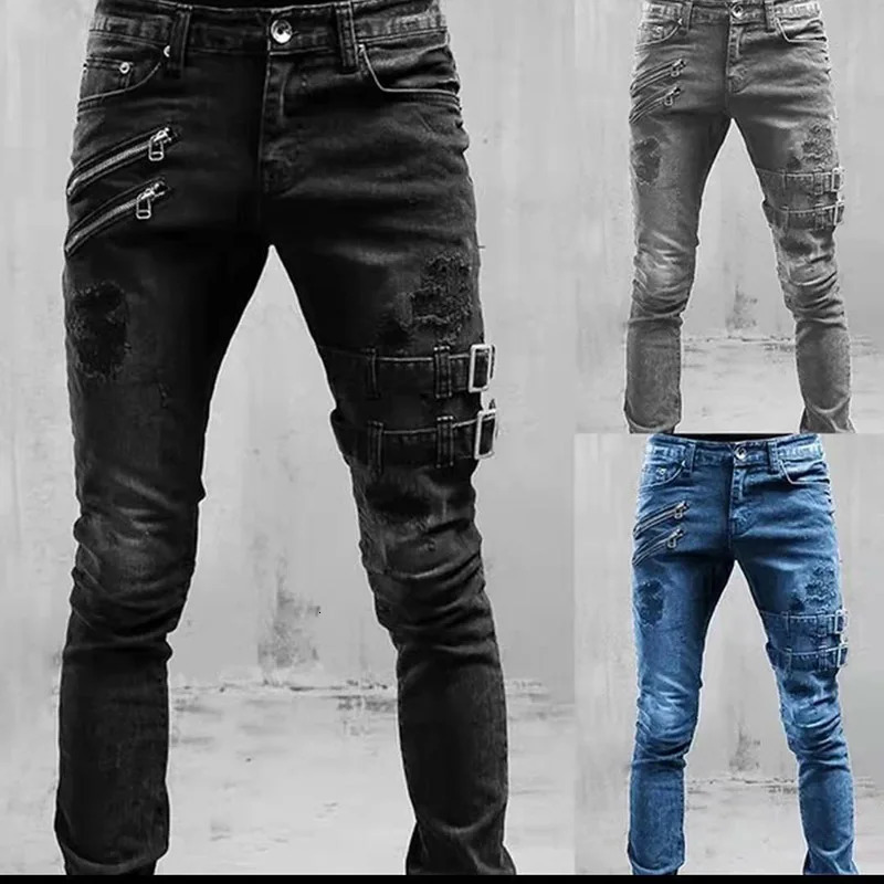 Jeans Men Fashion Belt buckle Hole Streetwear Straight Moto Biker Skinny Casual Denim Pants For Blue Gray Black 250210