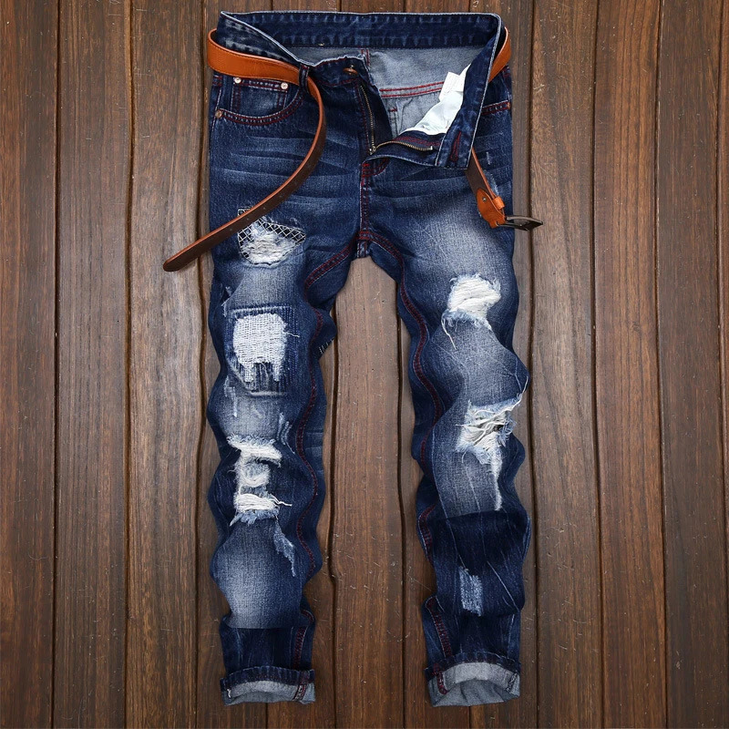 High Quality Straight Denim Motorcycle Jeans Plus Size mens Ripped Style 250210