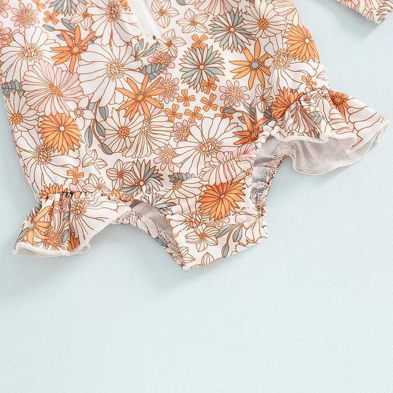 6M-4T Little Girls Swimsuit Chrysanthemum Print Long Sleeve Zipper Rash Guard Bathing Suit Infant Toddler Beachwear Z250214