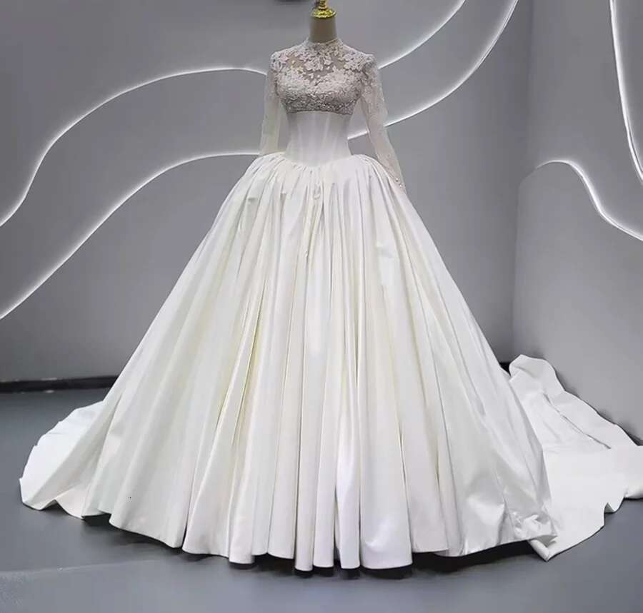 Custom Amanda New Design Spot Long Sleeve With High Neck Bridal Dress A-Line Wedding Dresses