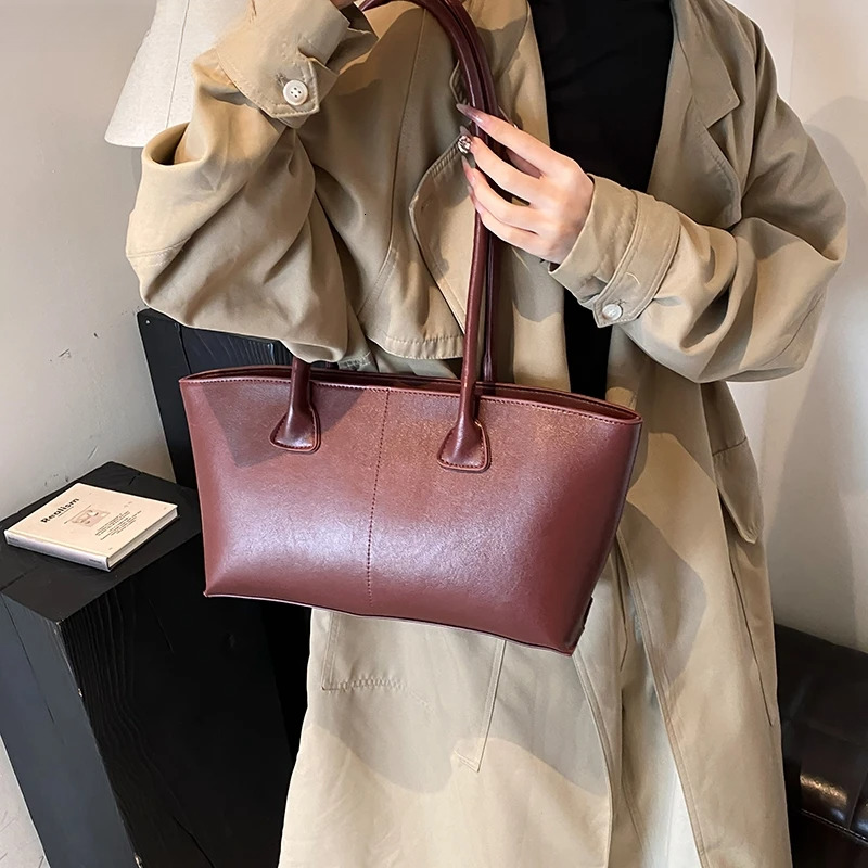 Bury Underarm Shoulder For Women Pure Color PU Leather Large Capacity Casual Tote Bags 2025 Winter New Handbags