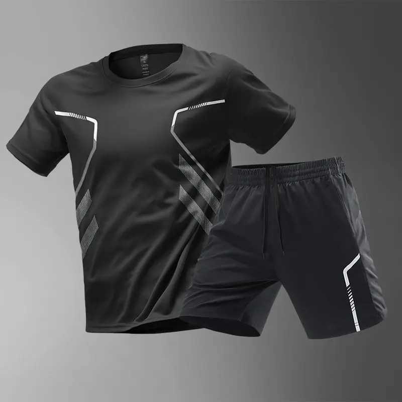 Summer Men Sets New Quick Dry Breathable Gym Clothing Training Short Sleeve Tops Shorts Suit Outdoor Daily Leisure Two-Piece Set W250214