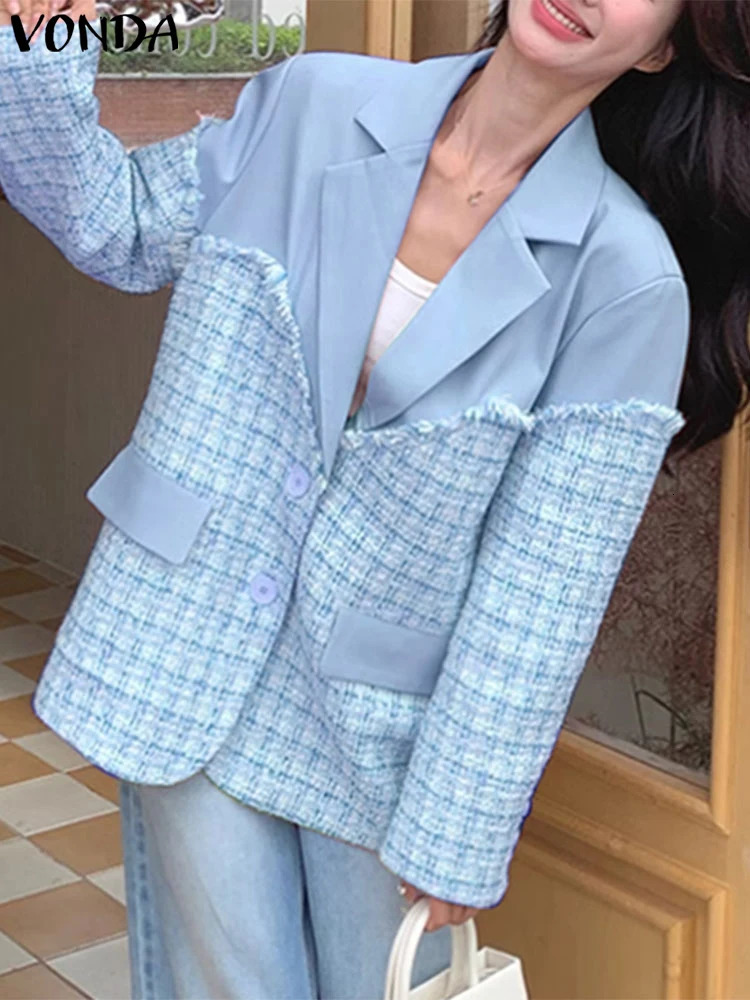 VONDA Women Elegant Long Sleeve Blazer Spring Plaid Patchwork Suits Casual Loose Jackets Female Lapel Neck Open Up Coats 250213