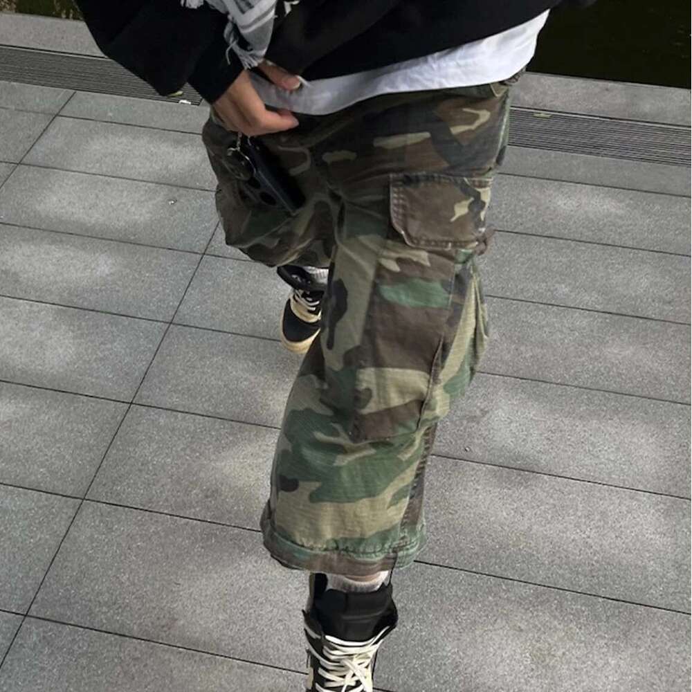 Knee Detachable Wide Leg Patchwork Camouflage Cargo Pants For Men And Women Straight Contrast Color Baggy Oversized