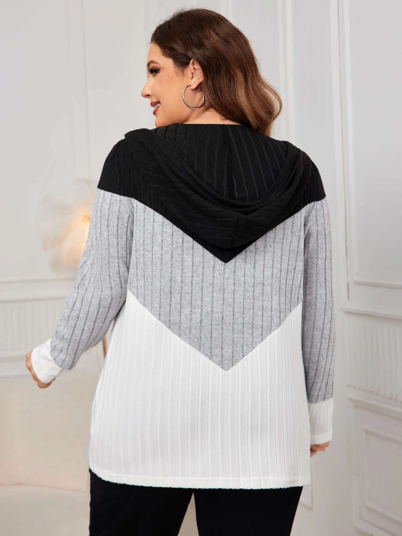 KEBY ZJ Plus Size Color Block Zip Up Coat Women 2024 Autumn New Drawstring Hooded Long Sleeve Casual Rib-Knit Jacket Top