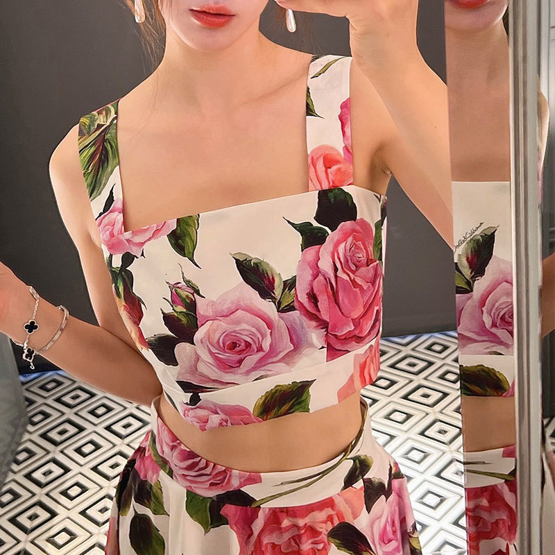 Designer Women's Floral Print Cotton Cropped Camisole Fashion Back Zipper Strapless Wide Straps Chic Elegant Luxury Spring Summer Beach Resort To