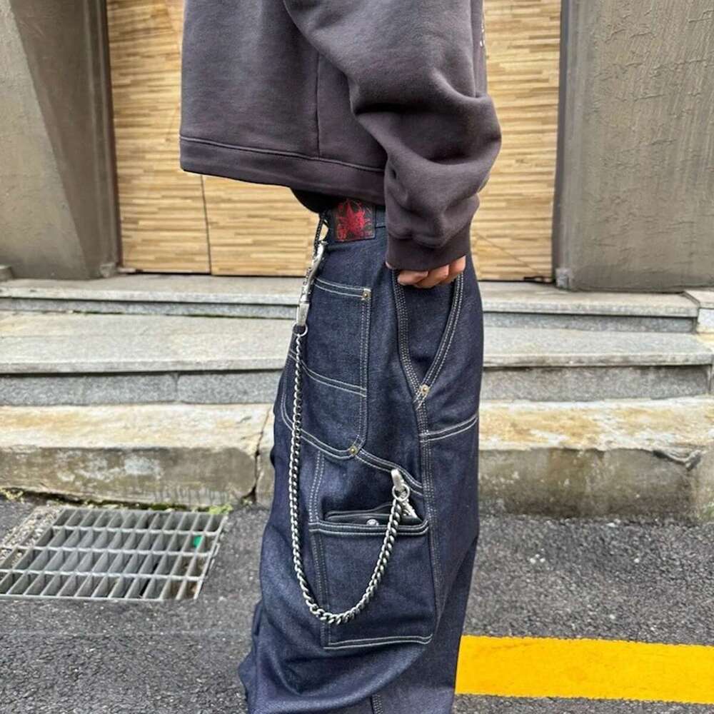 High Street Cleanfit Multipockets Drak Blue Baggy Jeans For Men And Women Straight Vintage Casual Loose Denim Trousers Oversize