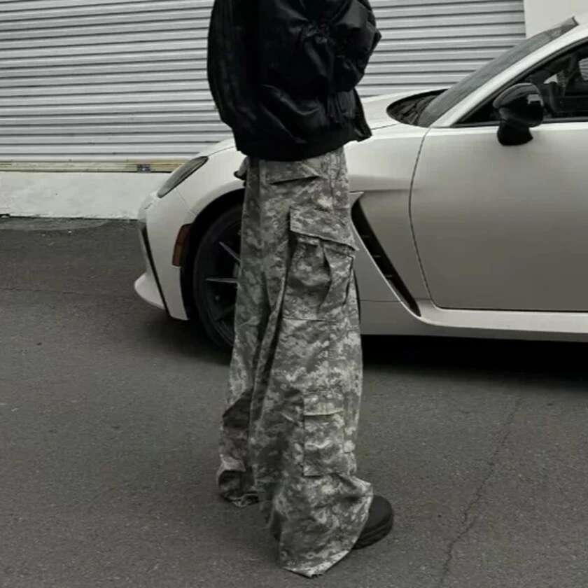 High Street Side Pockets Wide Leg Baggy Camouflage Cargo Pants For Men And Women Straight Loose Overalls Patchwork Trousers