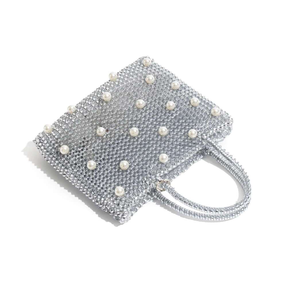 MABULA Shiny PVC Woven Tote Bag Knitted Pearl Handbag For Ladies Party Elegant Women's Satchel With Chain Crossbody Bags