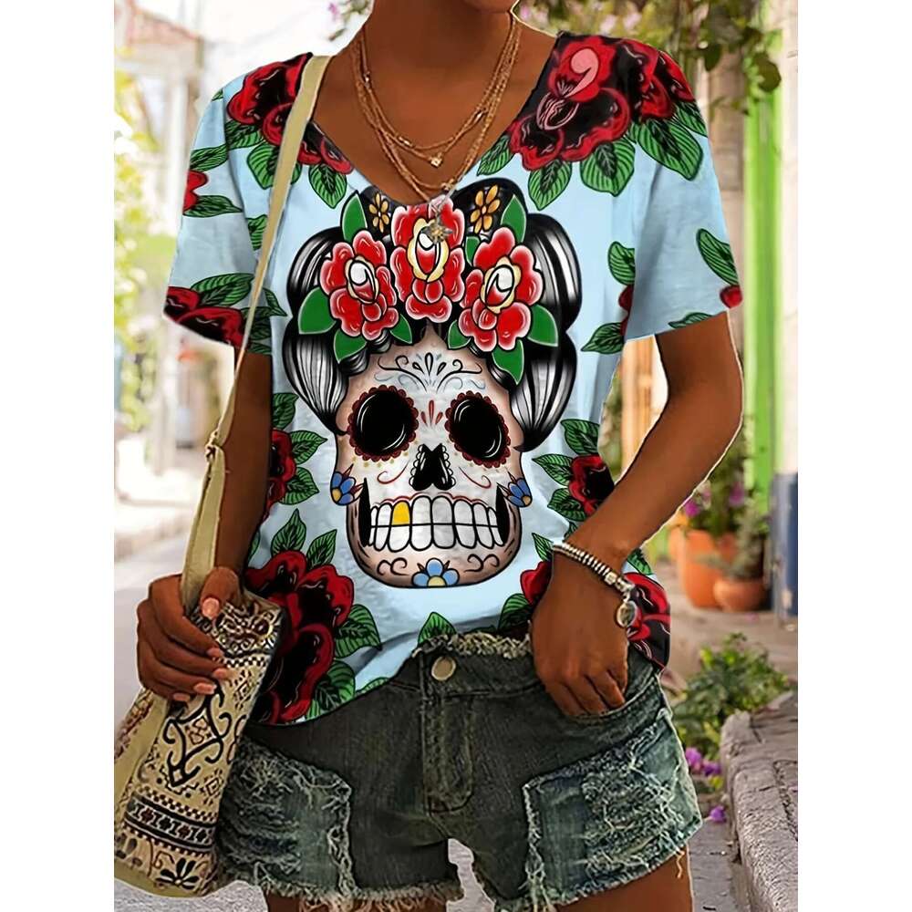 Ral Skull Print V Neck T-Shirt Casual Short Sleeve Top For Spring & Summer Women's Plus Size Clothing