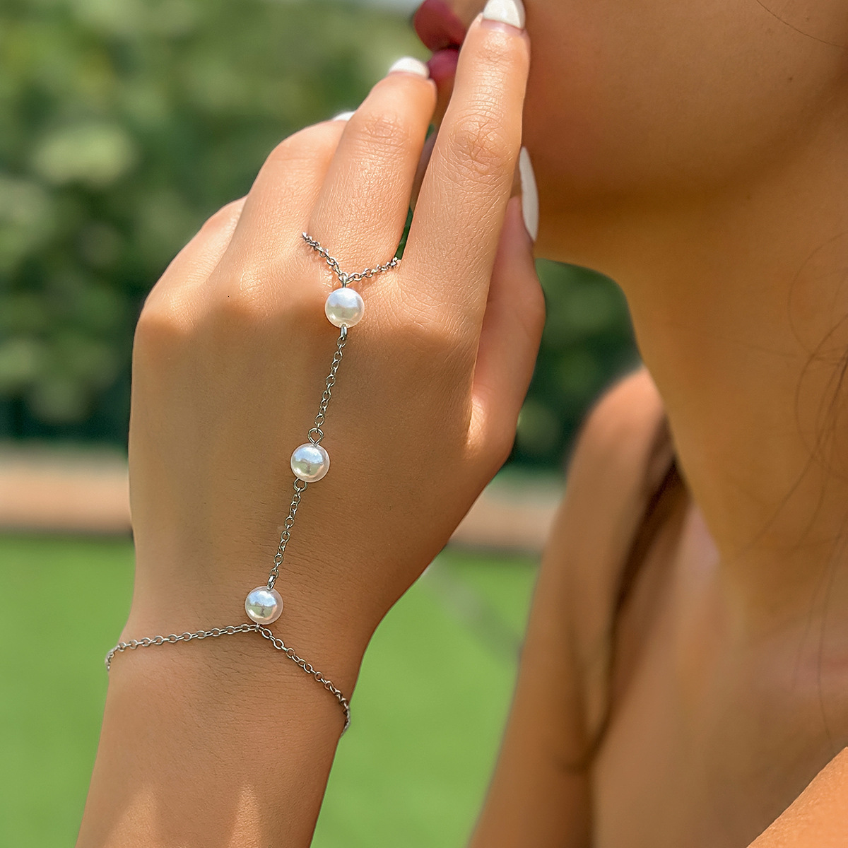 Woman Jewelry Ethnic Feng Shui Dia Finger Beach Chain Imitation Pearl Metal fashion Bracelet