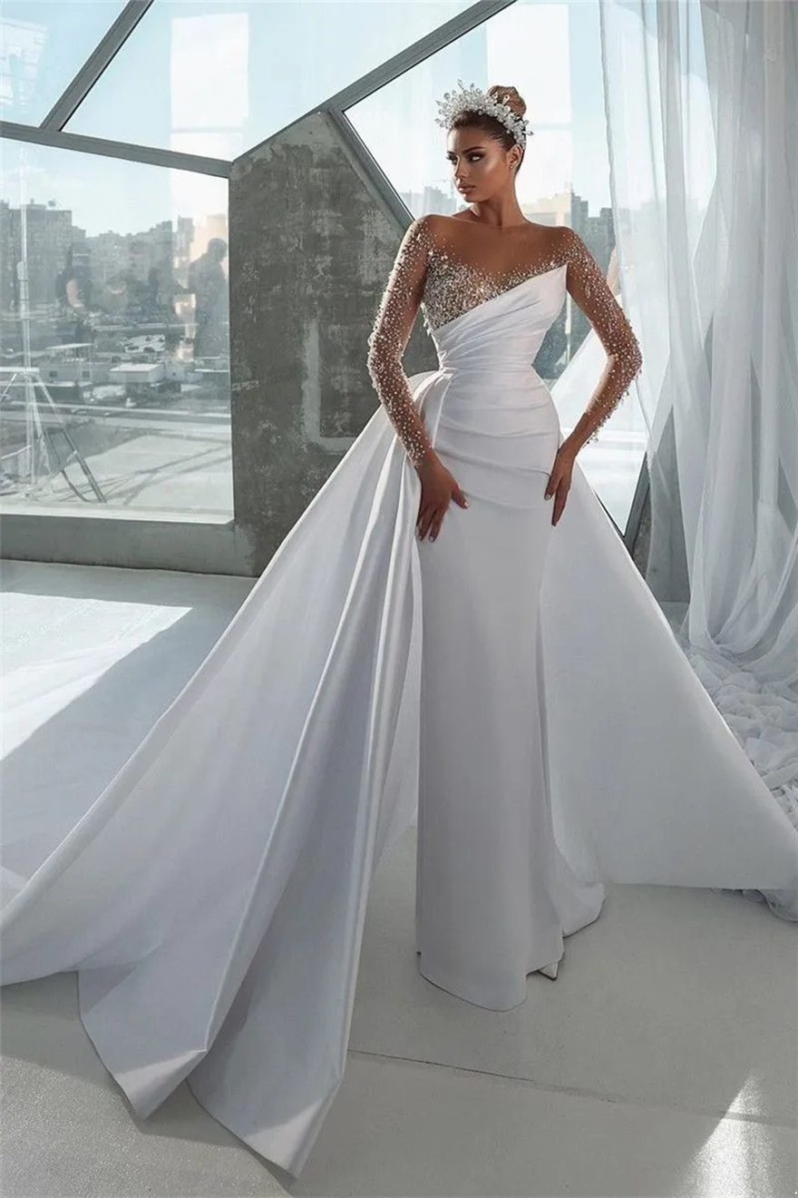Luxurious Sexy Beads Mermaid Wedding Dresses Sheer Long Sleeve Crystals Jewel Neck Arabic Dubai Bridal Gowns With Detachable Skirt