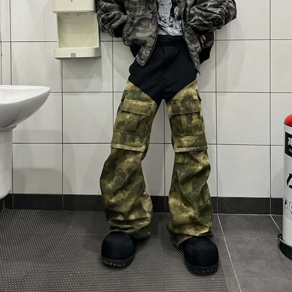 Color Match Multi-Pockets Baggy Camouflage Cargo Pants Mens And Womens Straight Patchwork Loose Casual Overalls Oversized Jeans