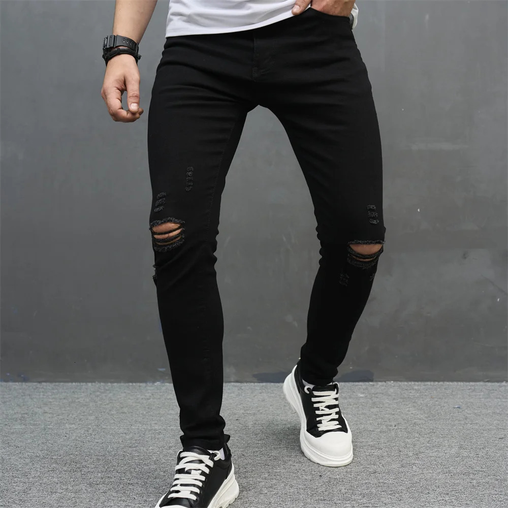 Men Simple Solid Holes High Street Stretch Skinny Jeans Pants Male Distressed Slim Pencil Jogging Denim Trousers 250210